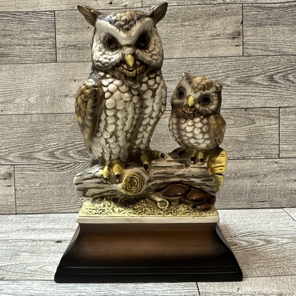 Ceramic Figurine Mother Owl w/ Baby‎ Branch 5.5x8x4" Vintage